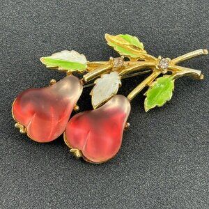 Vintage Austria Twin Pear Fruit Brooch Enamel & Rhinestone, (as is - Read)